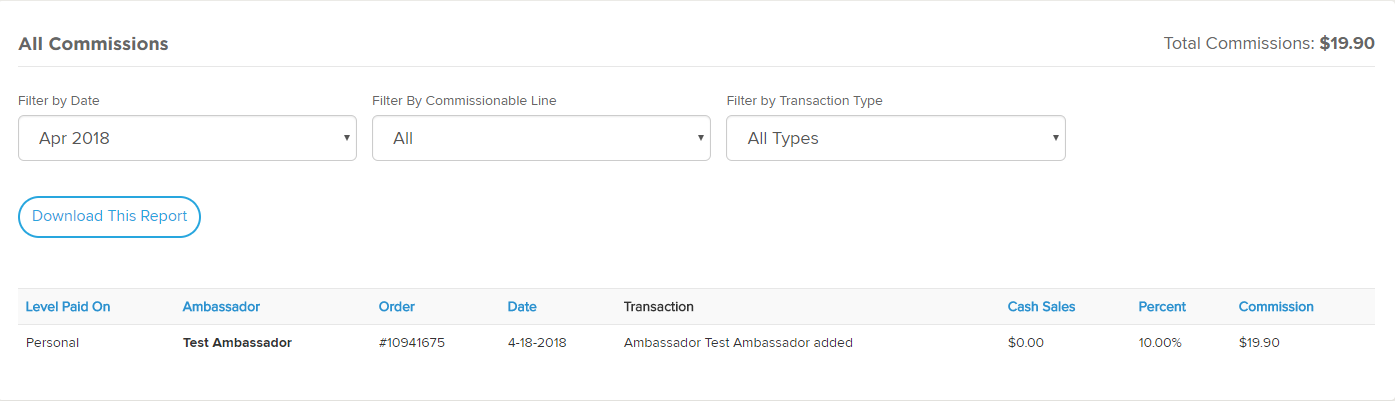Back Office report of All Commissions for April 2018 showing a transaction was updated to add an Ambassador to the order.