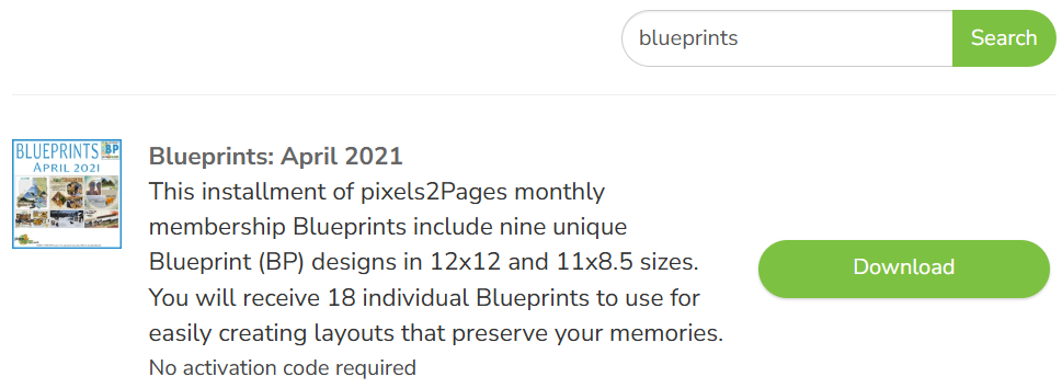 Blueprints for April 2021 product with green Download button next to it